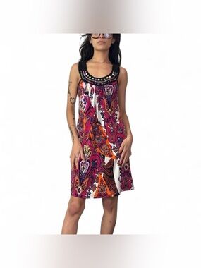 Y2K Colorful Boho Printed Dress W Beaded Stone Neckline by Volume One